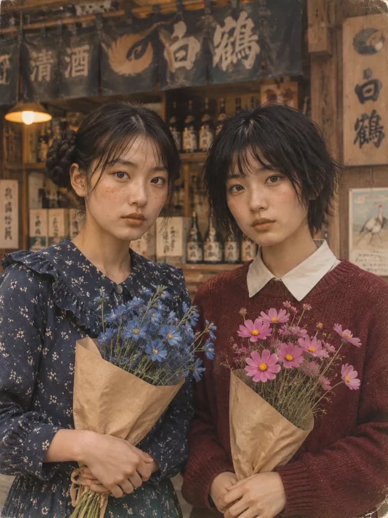 Vintage Japanese Shopfront Portrait with Flowers