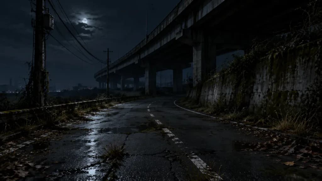 Abandoned Road Beneath Concrete Bridge at Night