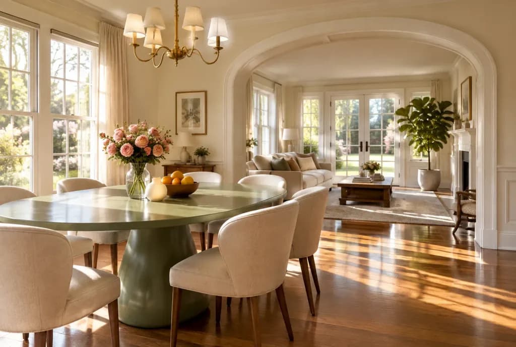 Sunlit Elegant Dining Room with Archway