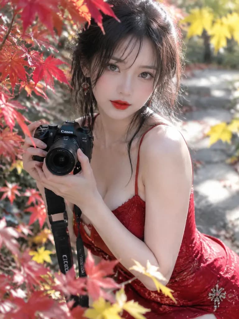 Woman with Camera in Red Dress
