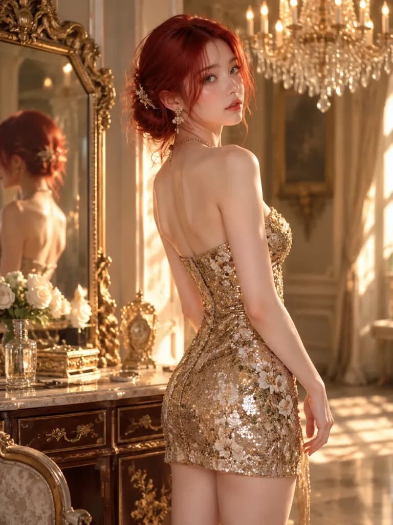 Redhead in Gold Sequins beside Antique Mirror