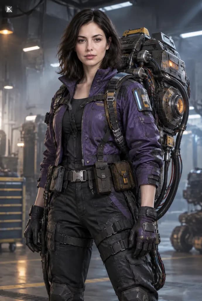 Cyberpunk Mechanic with Industrial Exosuit Backpack