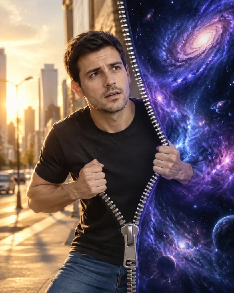 拉開現實通往宇宙深空的男子