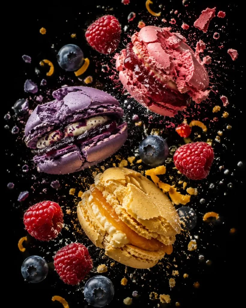 Floating Macarons and Berries Food Ad