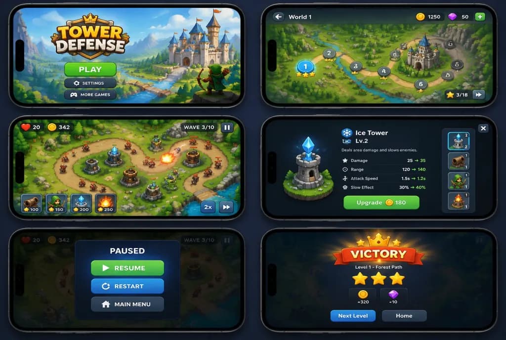 Сетка UI-мокапов мобильной игры