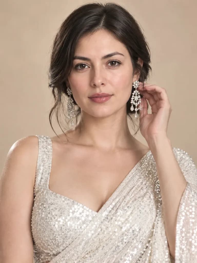 High-Fashion Sequin Saree Studio Portrait