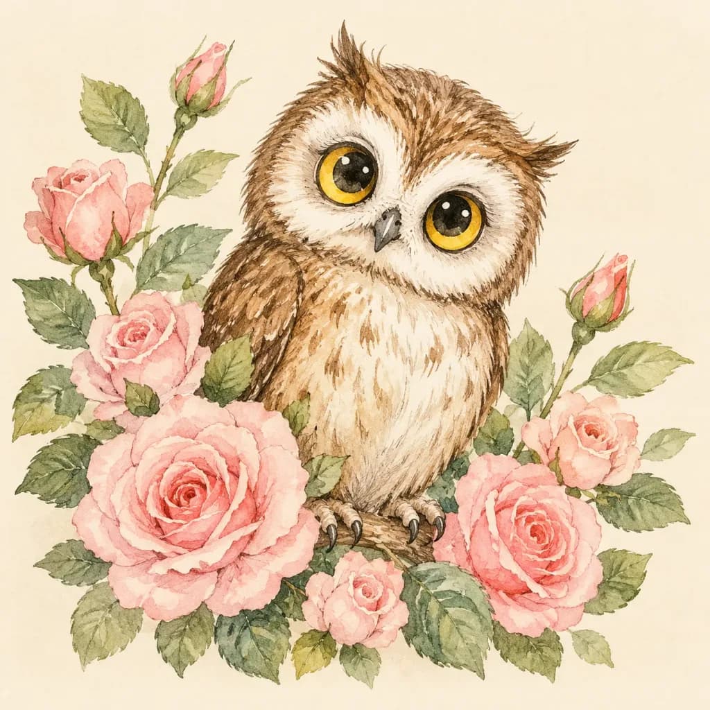 Aquarell Eule mit Rosa Rosen