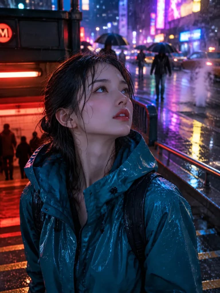 ネオンの雨が降る地下鉄出口のポートレート