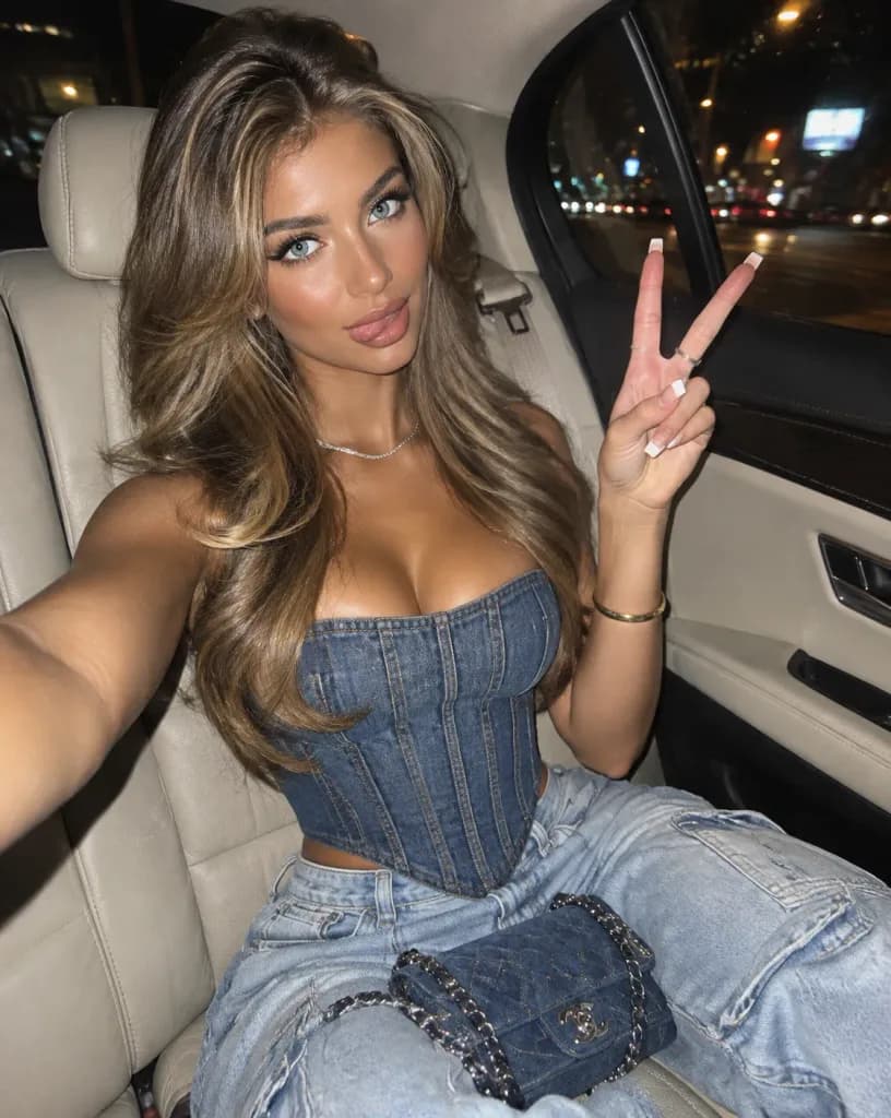 Flash Car Selfie in Denim Corset