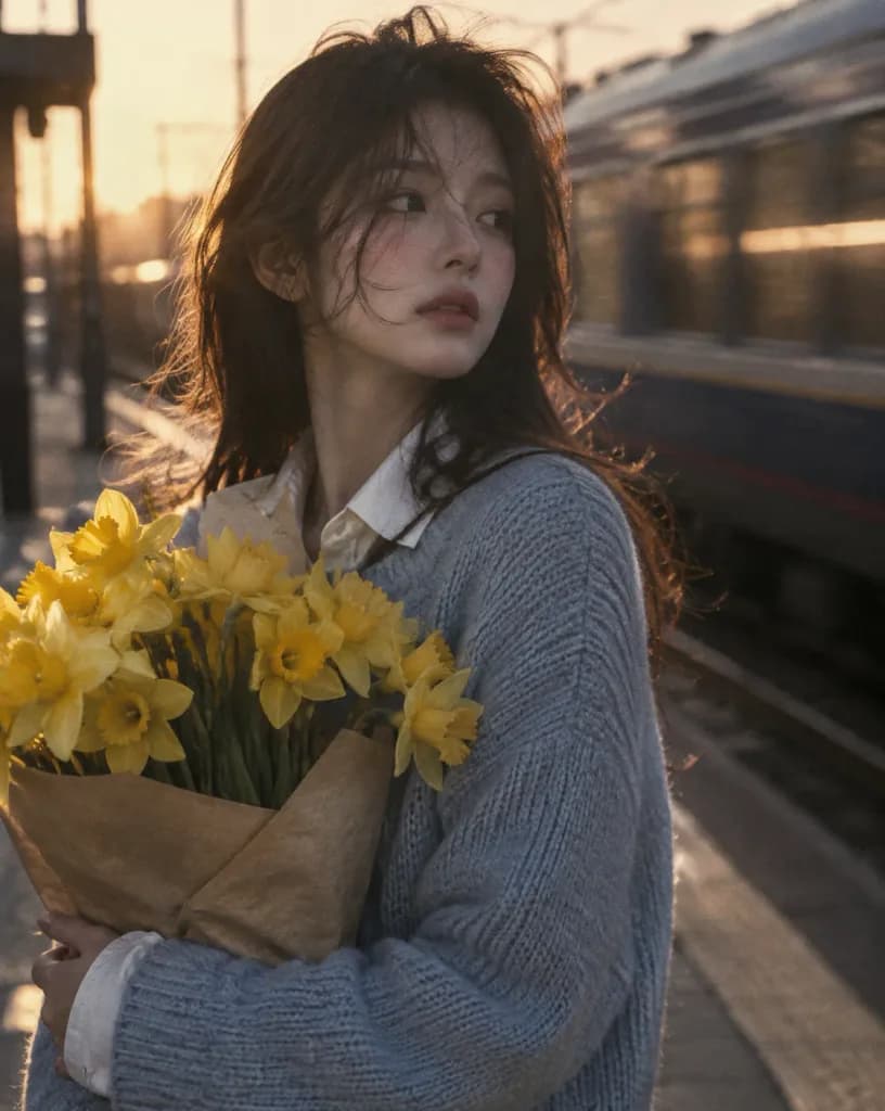 站台上抱水仙花的女子