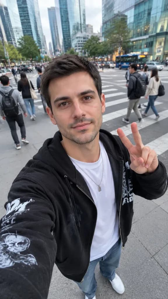 Urban Streetwear Wide-Angle City Selfie
