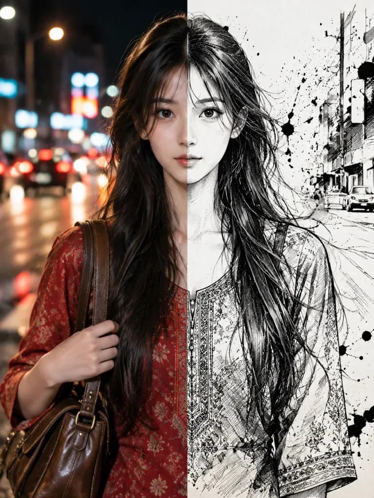 実写とインクスケッチの分割ポートレート
