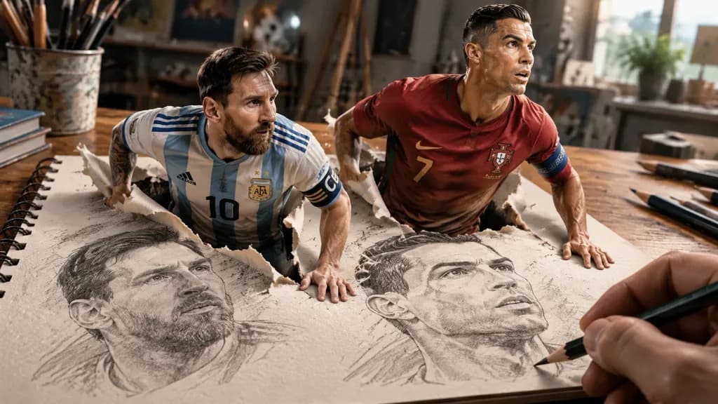 Messi and Ronaldo Emerging from Sketchbook
