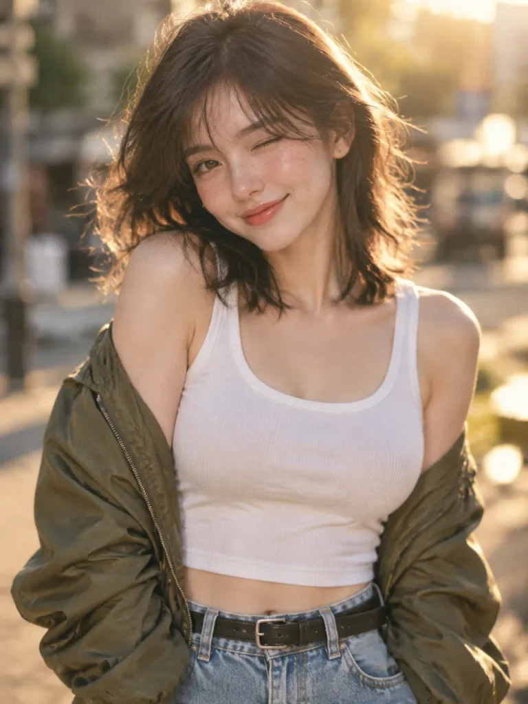 Sunlit Street Portrait With Playful Wink