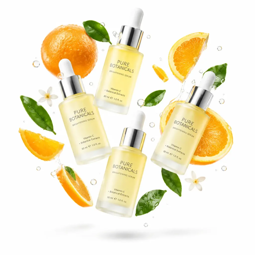 Floating Skincare Bottles with Fresh Ingredients