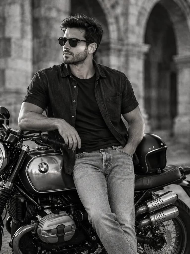 Black and White Cinematic Motorcycle Portrait