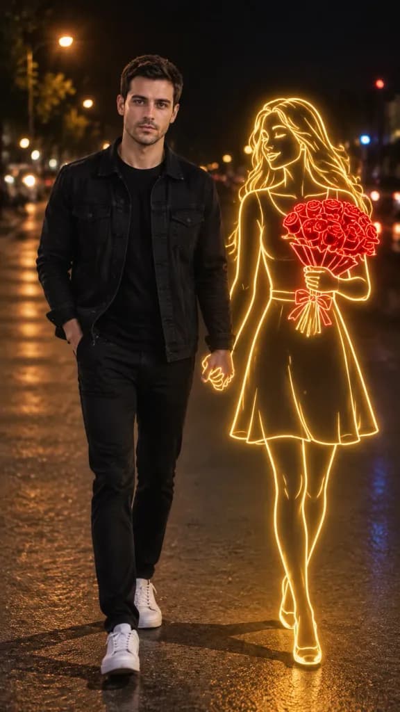 Night Walk with Neon Silhouette