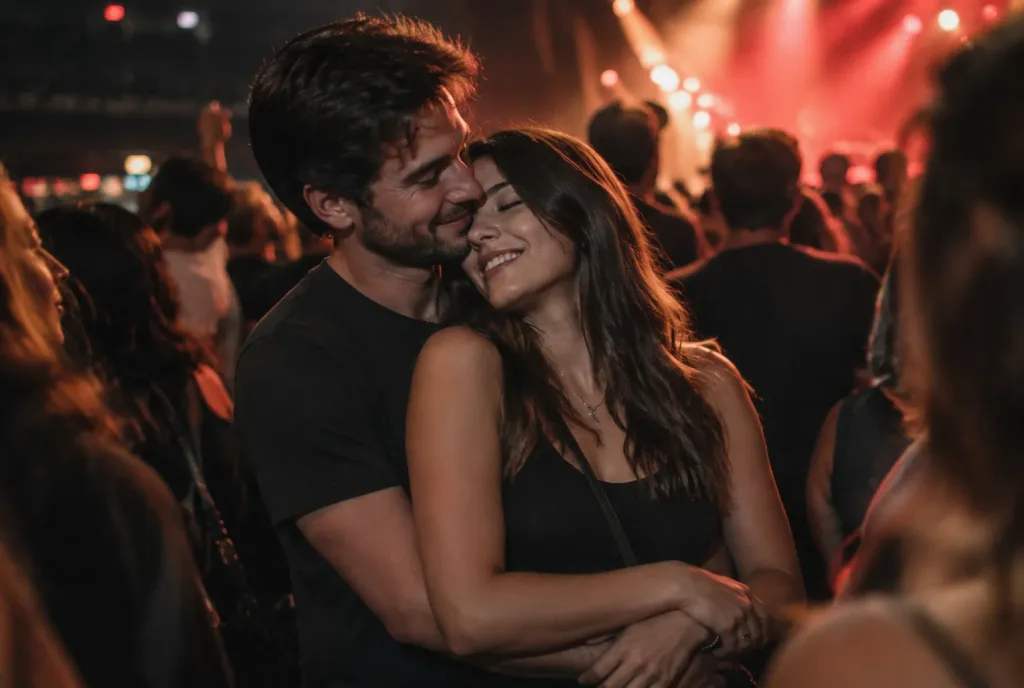 Candid Couple Embrace at Live Concert
