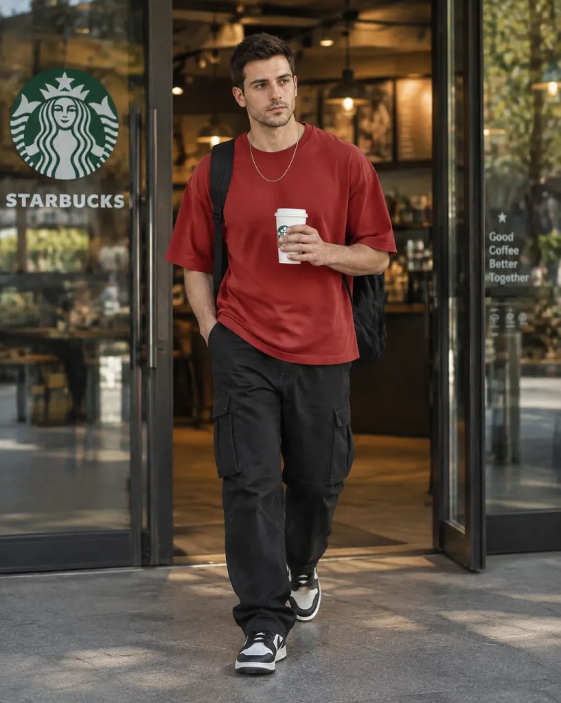Young Man Walking Out of Café