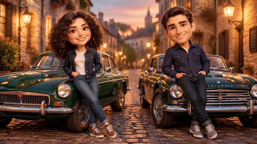 クラシックカーとスタイライズド3D似顔絵カップル