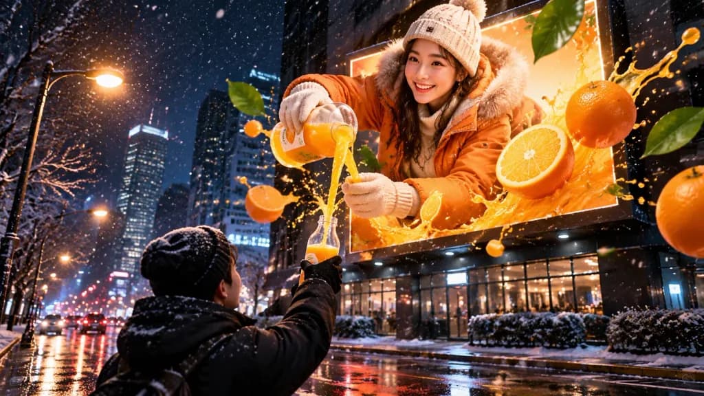 3D Illusion Billboard Pouring Orange Juice