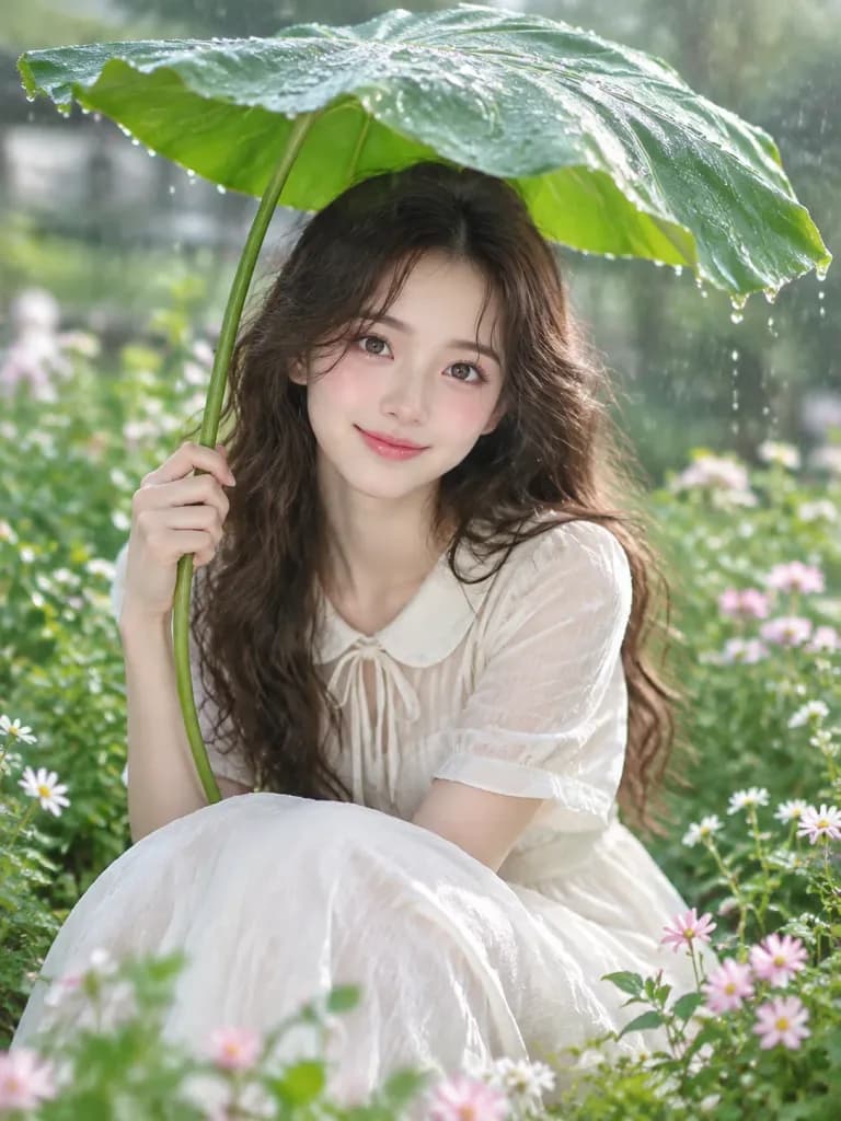 Woman Holding Taro Leaf in Rainy Garden