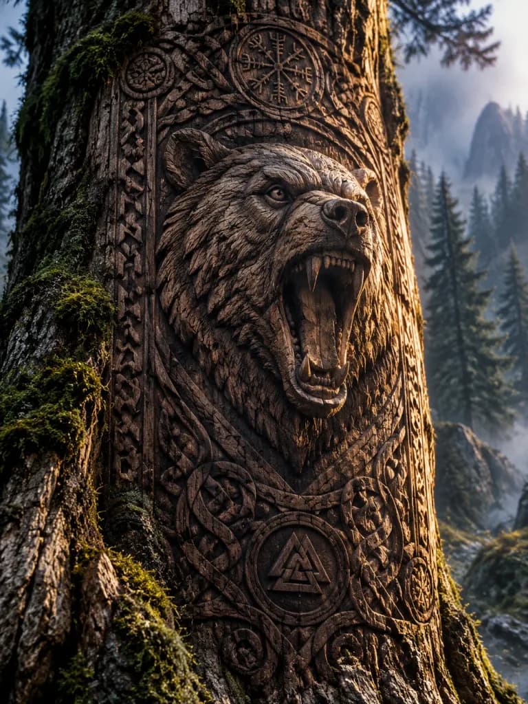 Ancient Viking Wood Carving on Tree Trunk
