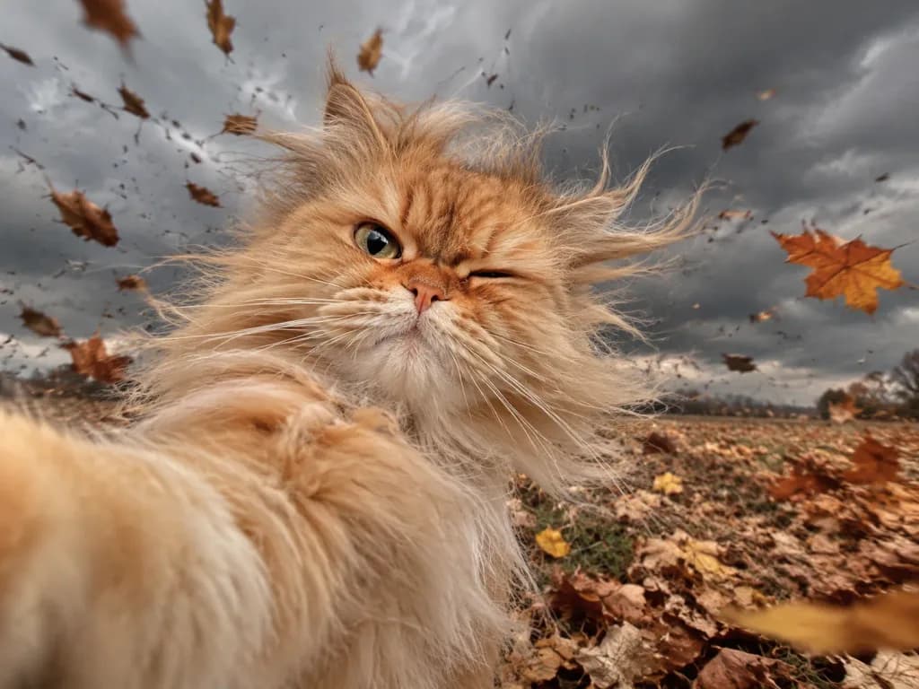 ウインクする猫の秋のセルフィー