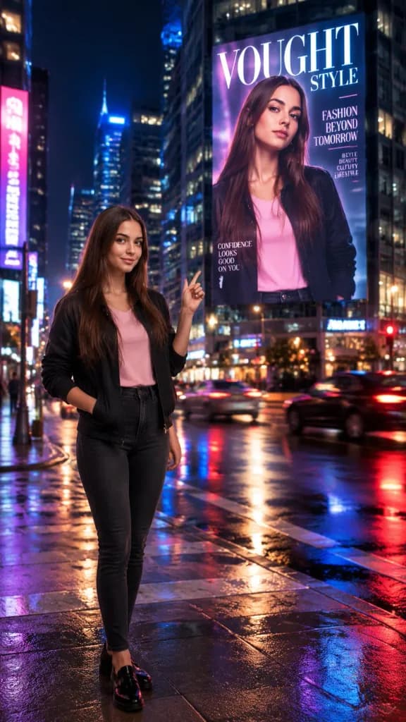 Woman Pointing at Digital Billboard Portrait