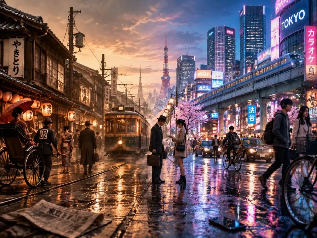 Tokyo Split-Screen Dual-Era Streetscape