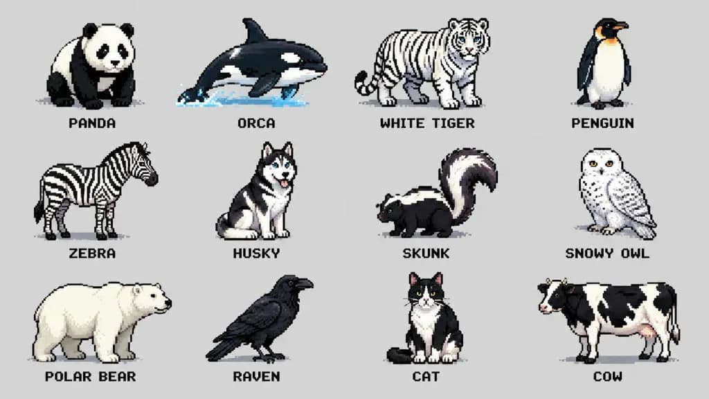 Pixel Art Black and White Animals Poster