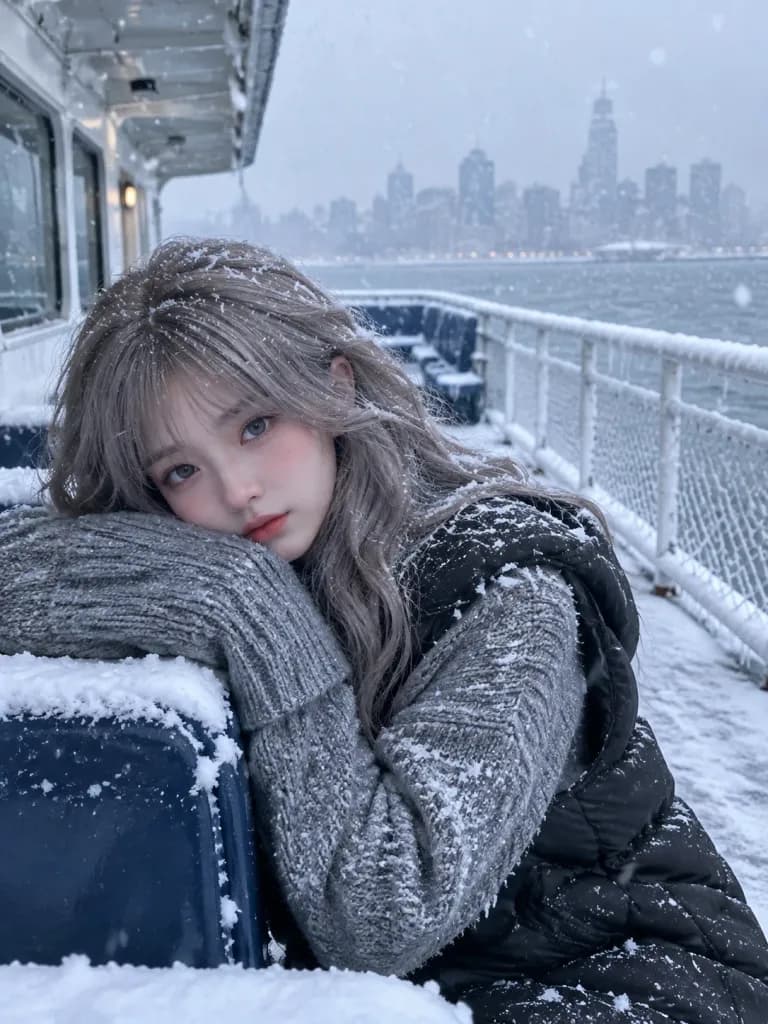 降雪の中の冬のフェリーポートレート