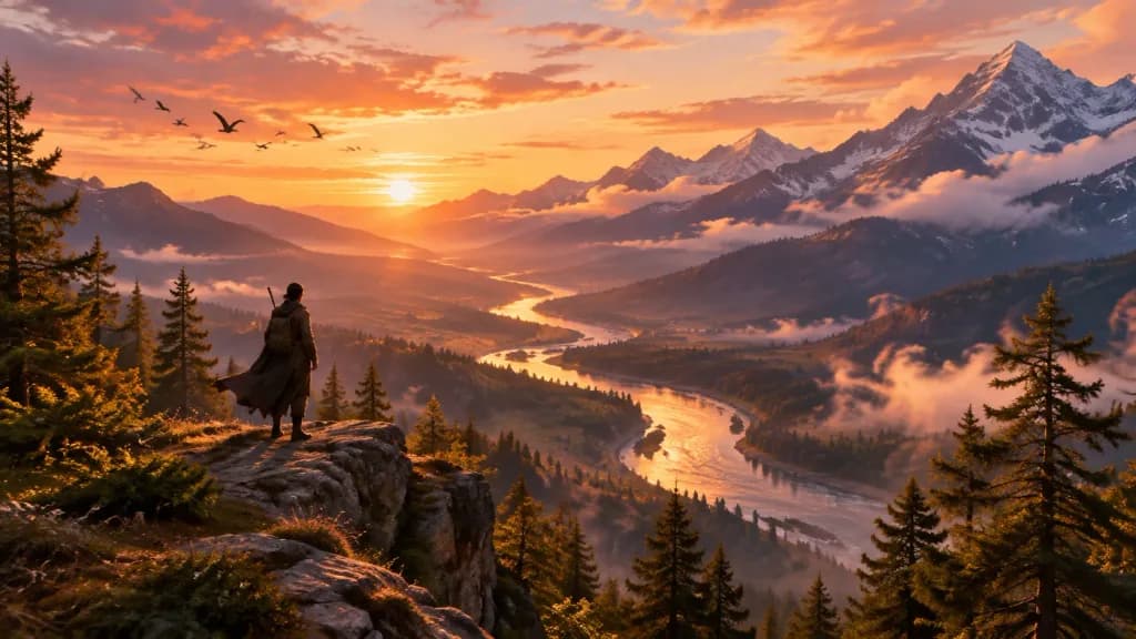 Lone Traveler at Mountain Valley Sunset