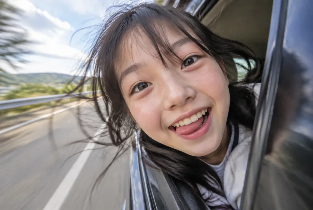 Young Girl Leaning Out Car Window