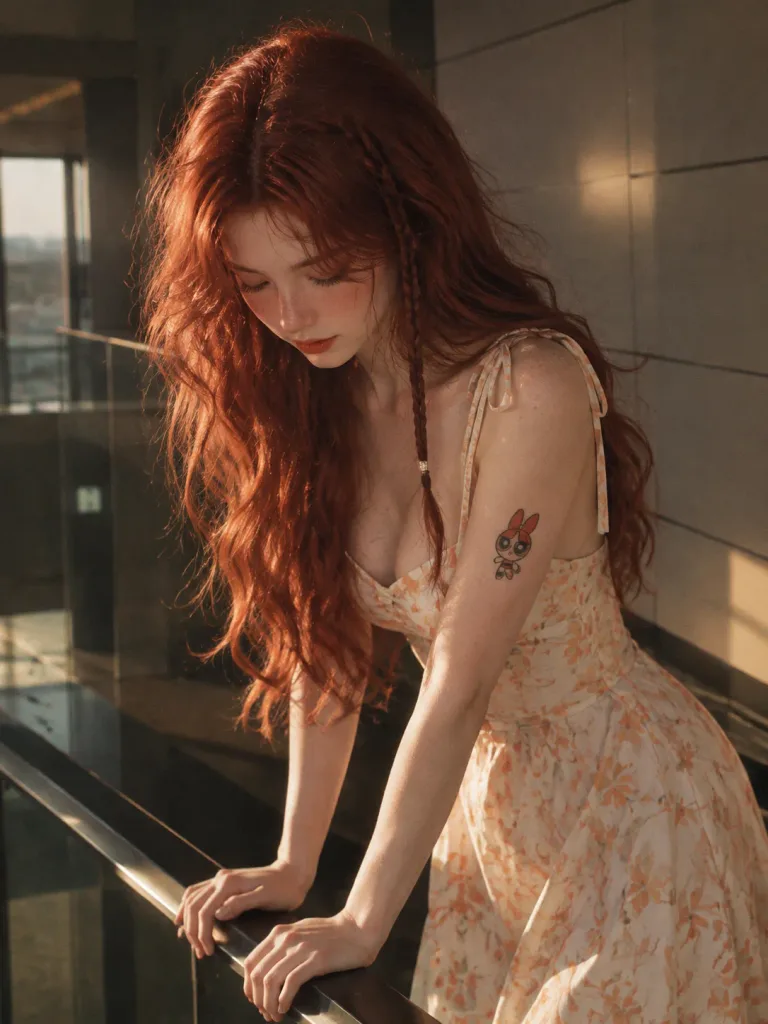 꽃잎 패턴 드레스를 입은 빨간 머리 여성 인물 사진