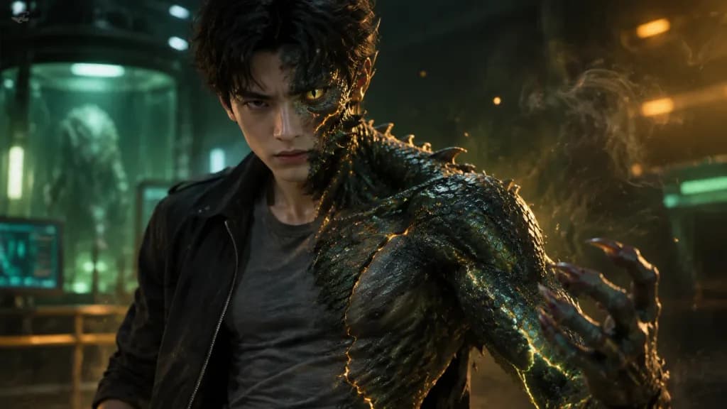 Cinematic Reptilian Creature Transformation Scene