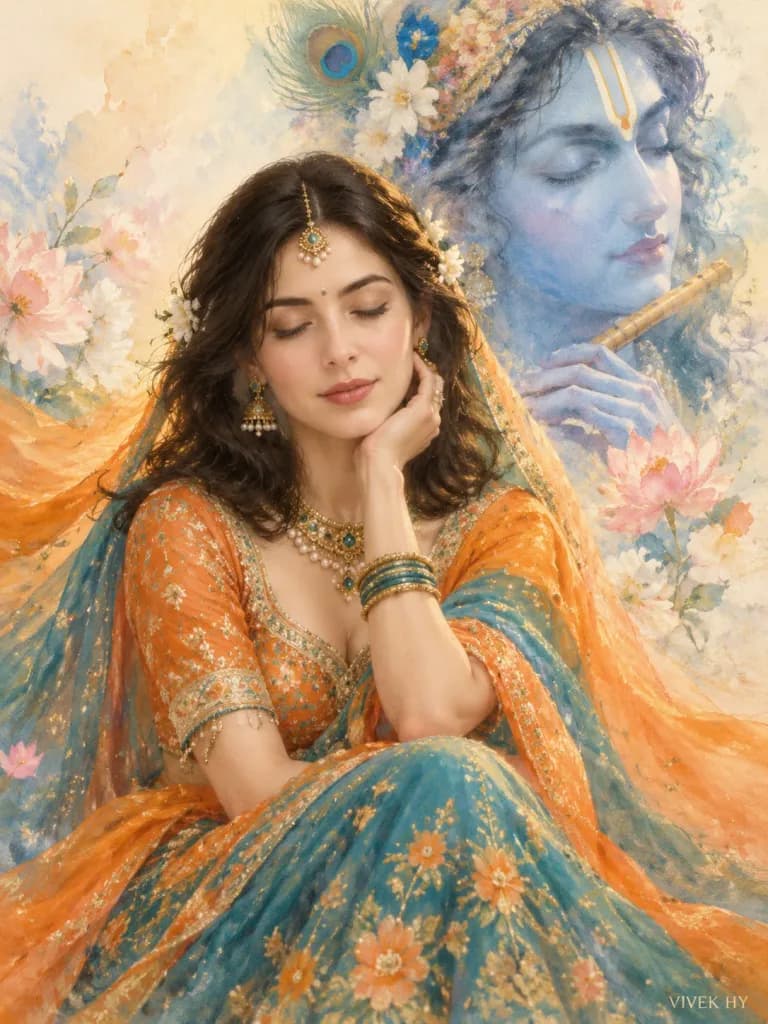 Mythological Radha and Krishna Watercolor Artwork