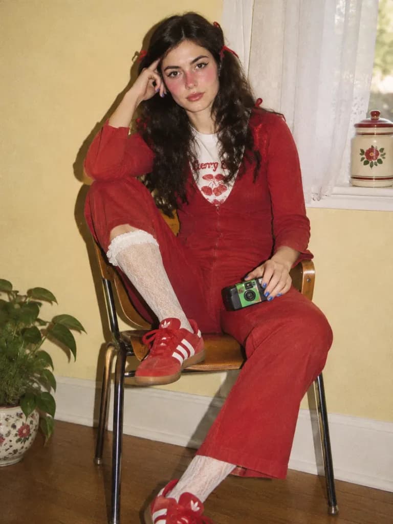 Retro Flash Portrait in Red Jumpsuit