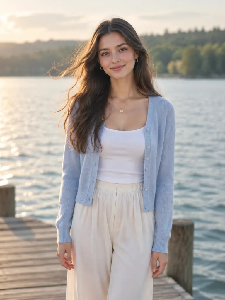 Serene Morning Portrait on Lakeside Pier