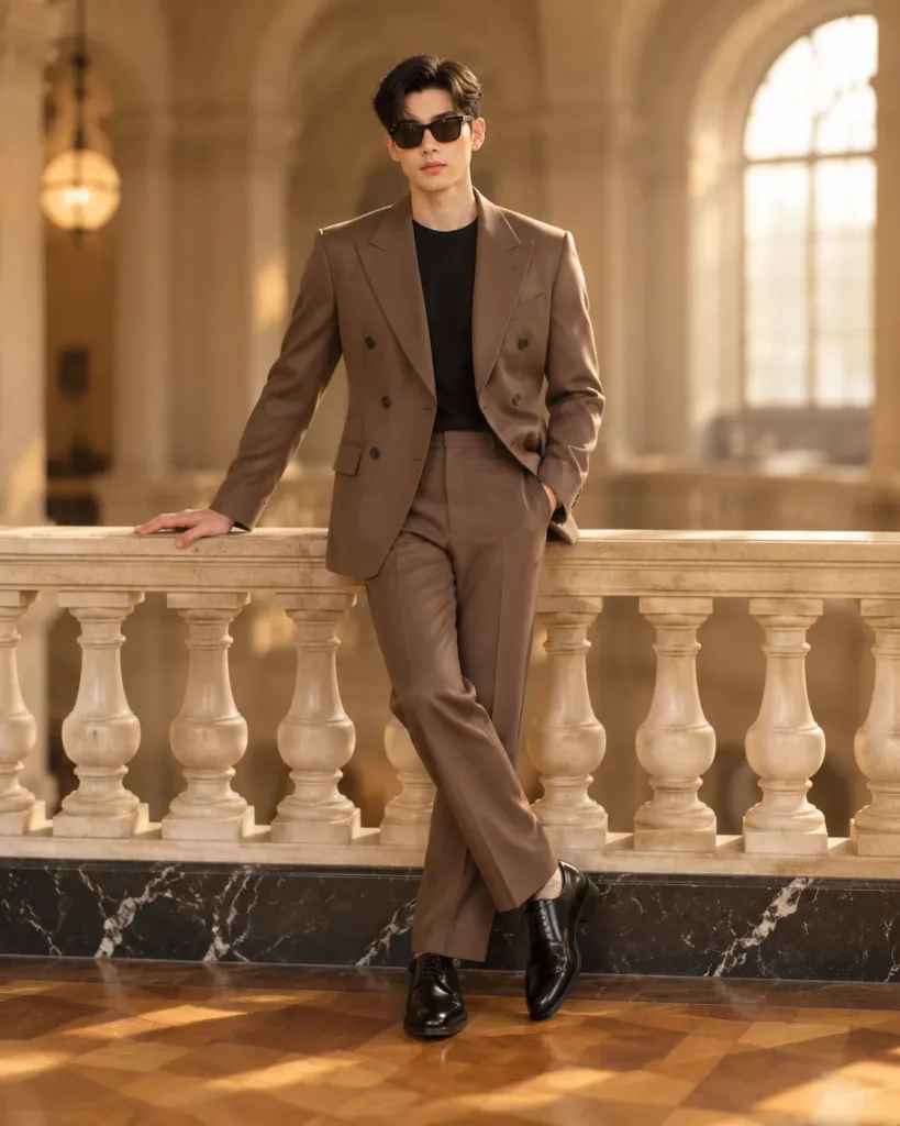 Editorial Portrait in Tailored Mocha Suit
