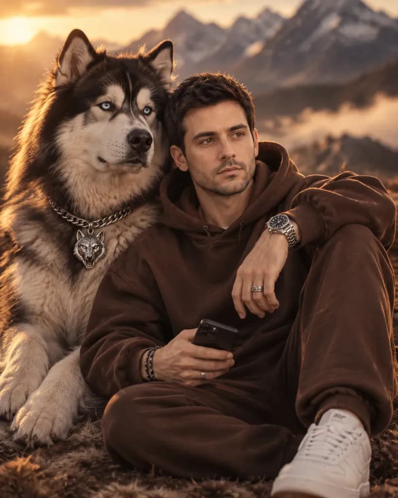 巨狼犬相伴的電影感男士肖像