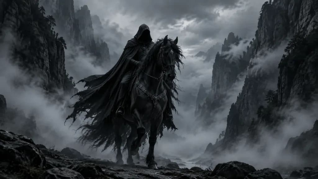 Hooded Rider in Misty Mountain Gorge