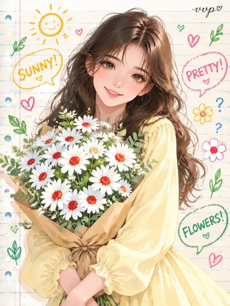 ノート風落書きのヒナギクを持つ女性イラスト