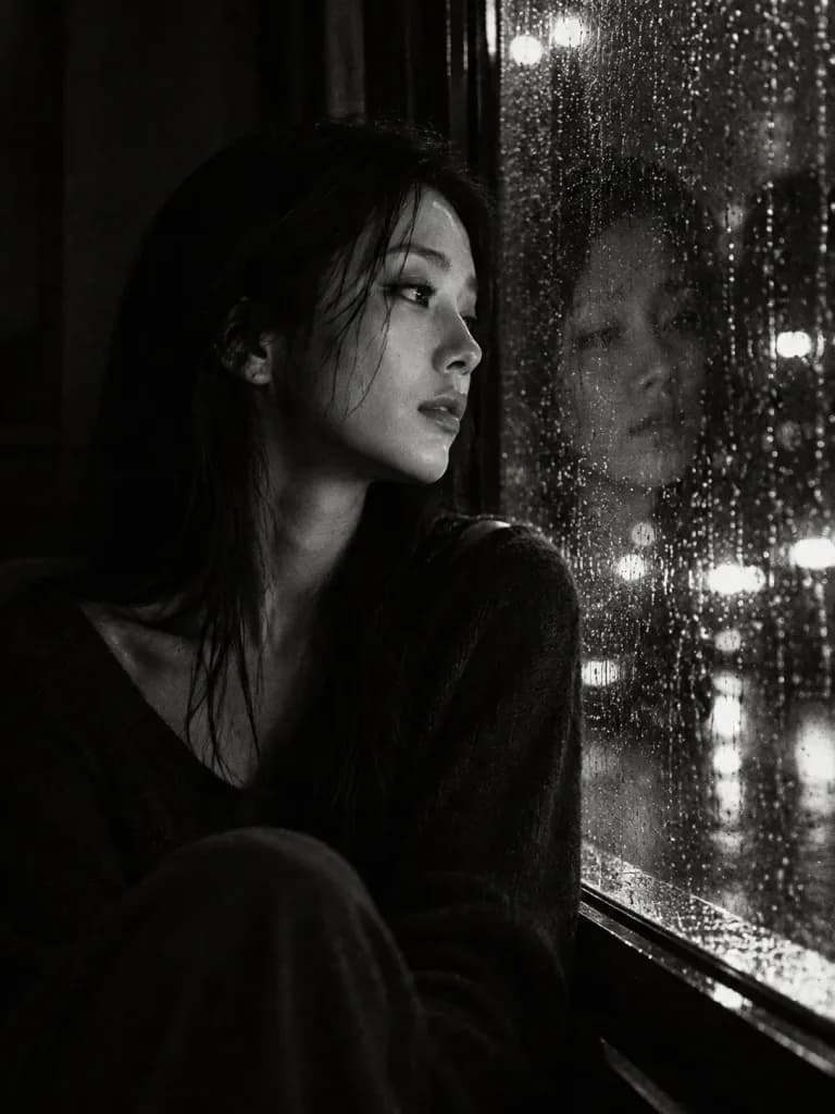 비 내리는 창가의 흑백 무드 초상