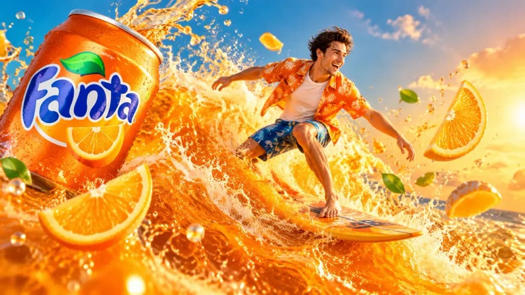 Surfer on Exploding Orange Soda Wave