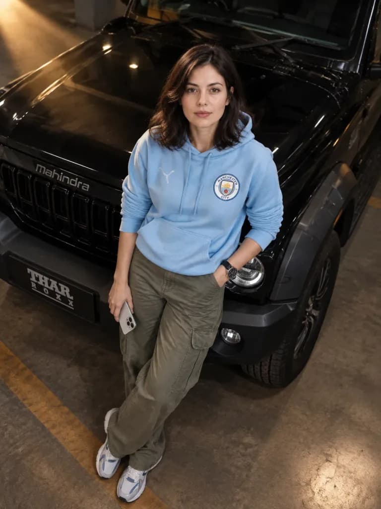 Woman Leaning on Mahindra Thar Roxx