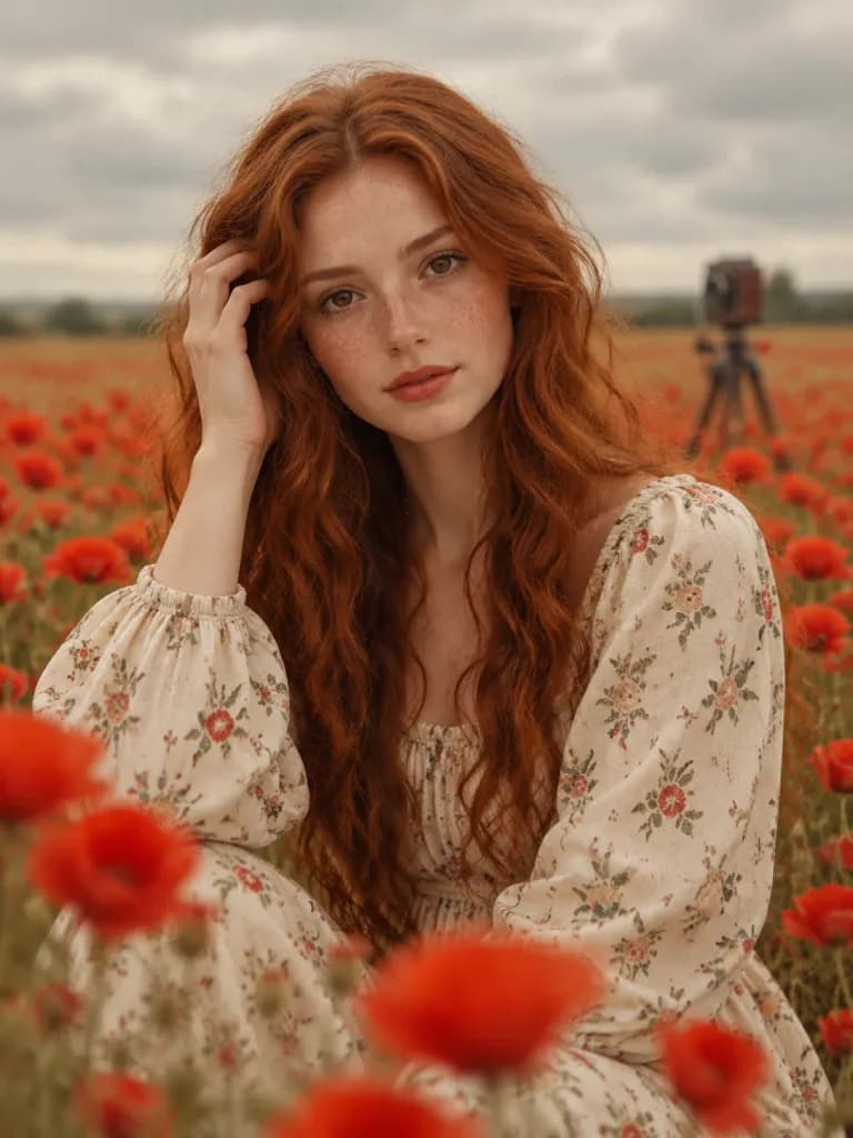 Redhead Portrait in Poppy Field