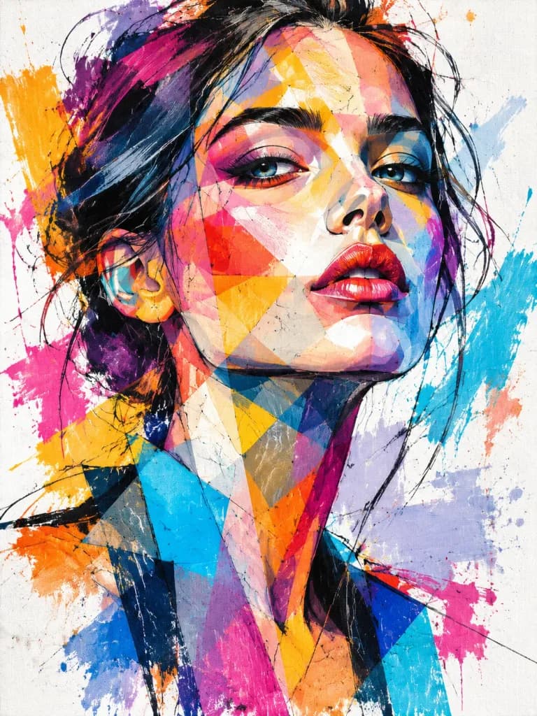 Abstract Cubist Mixed-Media Portrait Illustration