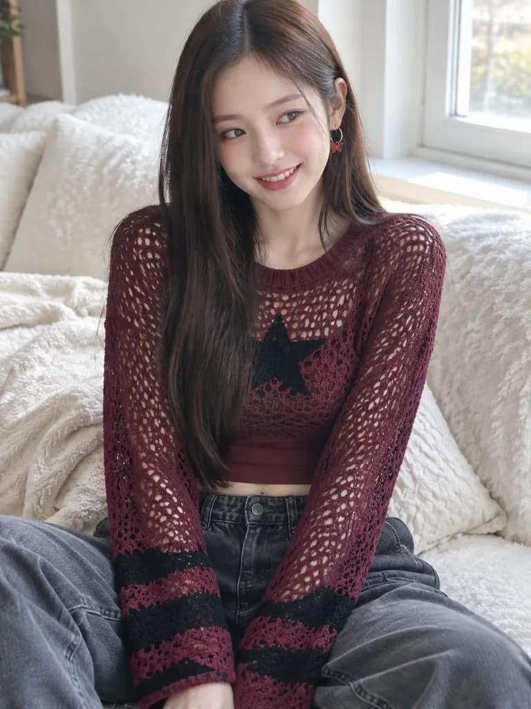 白色沙發上的溫馨東亞女性肖像