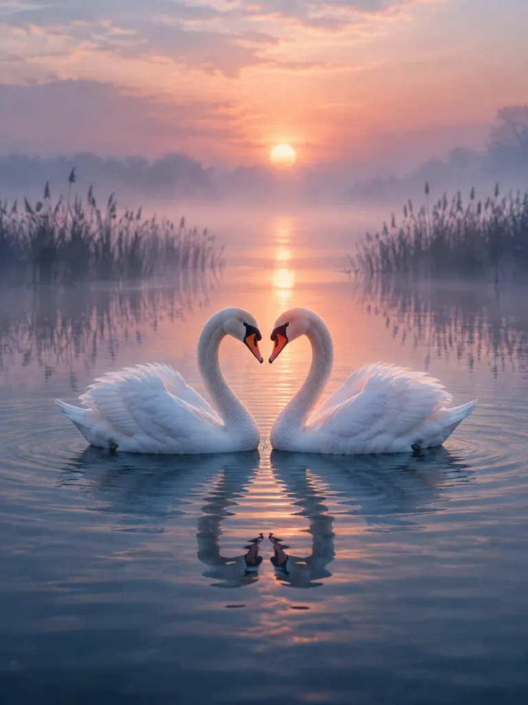 Swans Forming Heart on Misty Lake